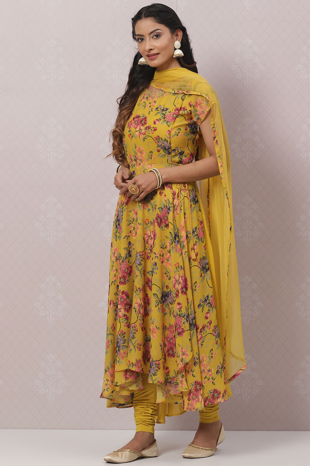 Mustard Cotton Asymmetric Kurta Churidar Suit Set image number 5