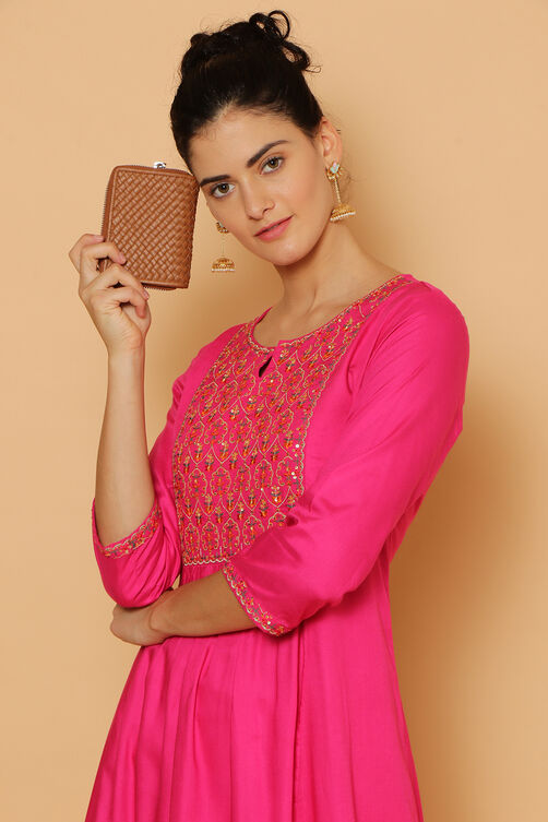 Pink Rayon Kalidar Kurta Slim Pant Suit Set image number 1