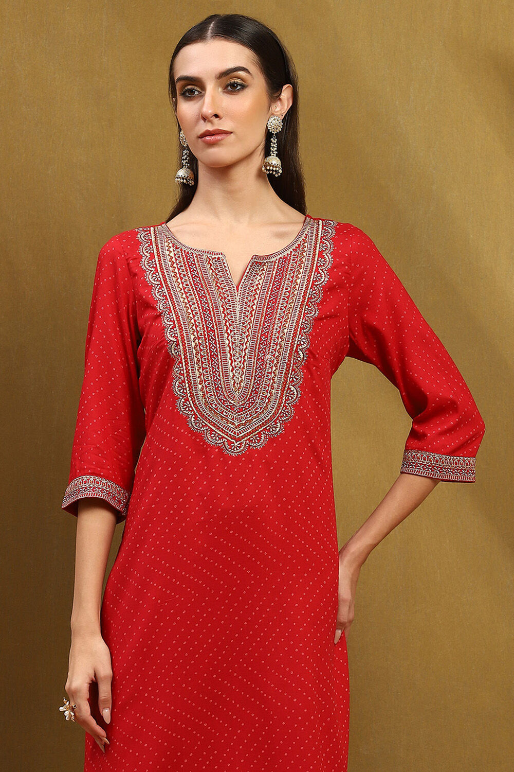 Cherry Red Bandhani Printed Straight Suit Set image number 1