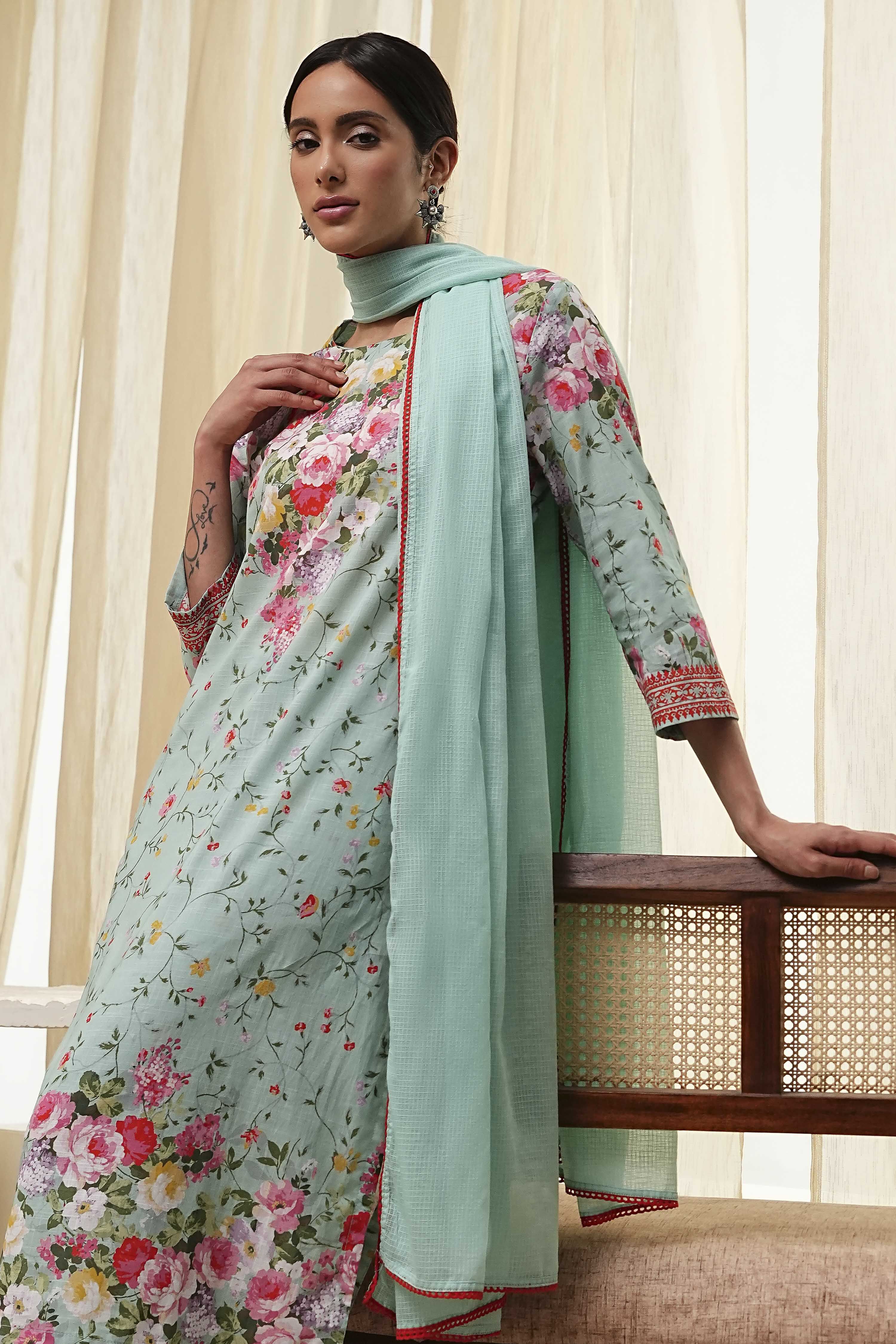 Turquoise Cotton Floral Printed Straight Suit Set image number 7