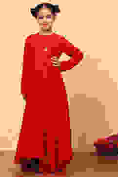 Red Jacquard Floral Self-Design Gathered Festive Gown image number 5