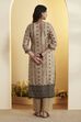 Beige Traditional Motifs Poly Linen Kurta Set image number 1
