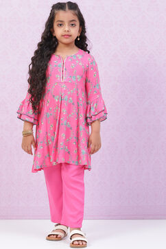 Pink Rayon Kalidar Printed Kurta Set image number 0