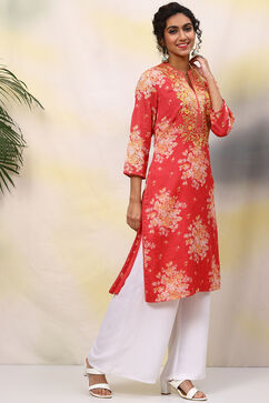 Red Poly Cotton Straight Printed Kurta image number 3