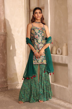 Green Viscose Chinon Printed Straight Suit Set image number 2