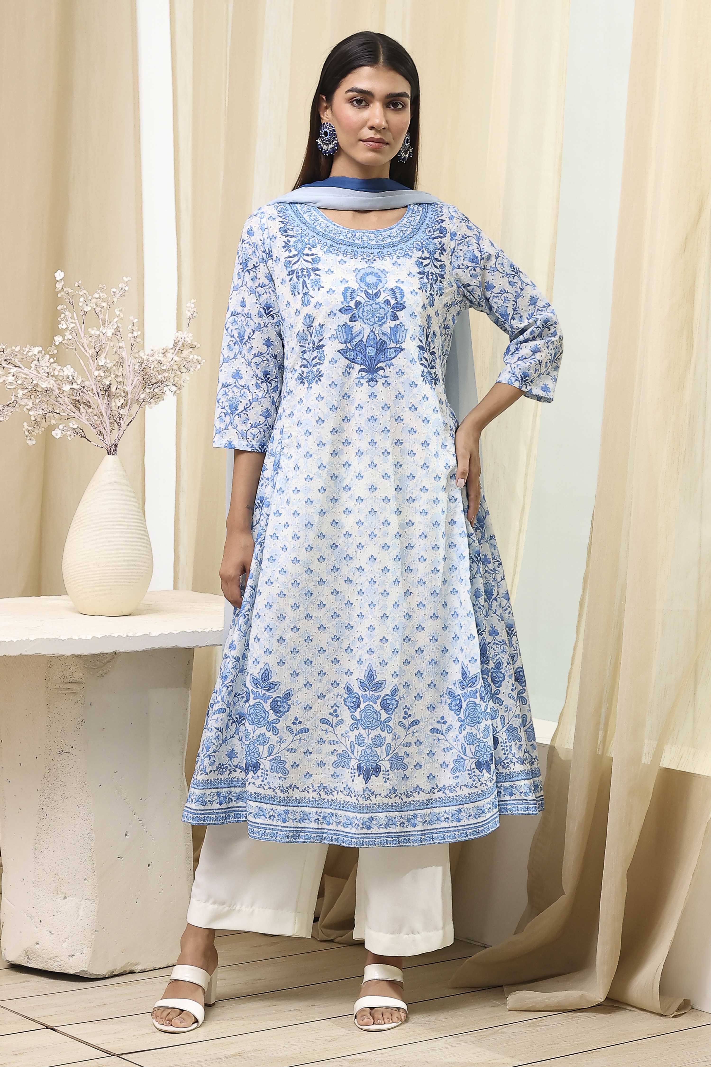 Off-White and Blue Cotton Floral Kalidar Suit Set image number 7