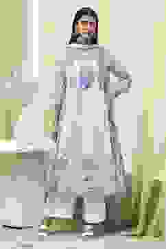 Off-White and Blue Cotton Floral Kalidar Suit Set image number 7