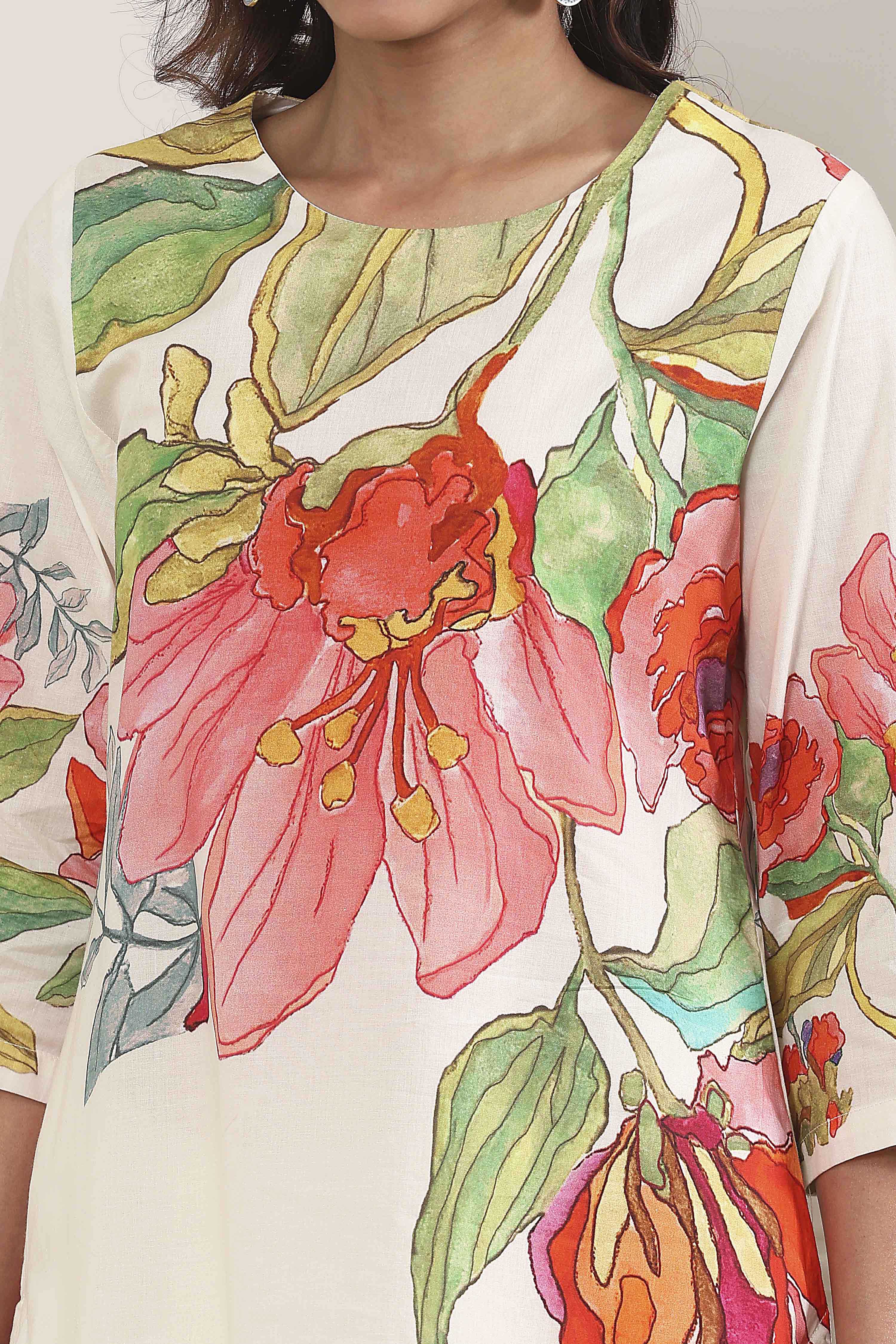 Yellow Cotton Floral Printed Straight Kurta Set image number 1