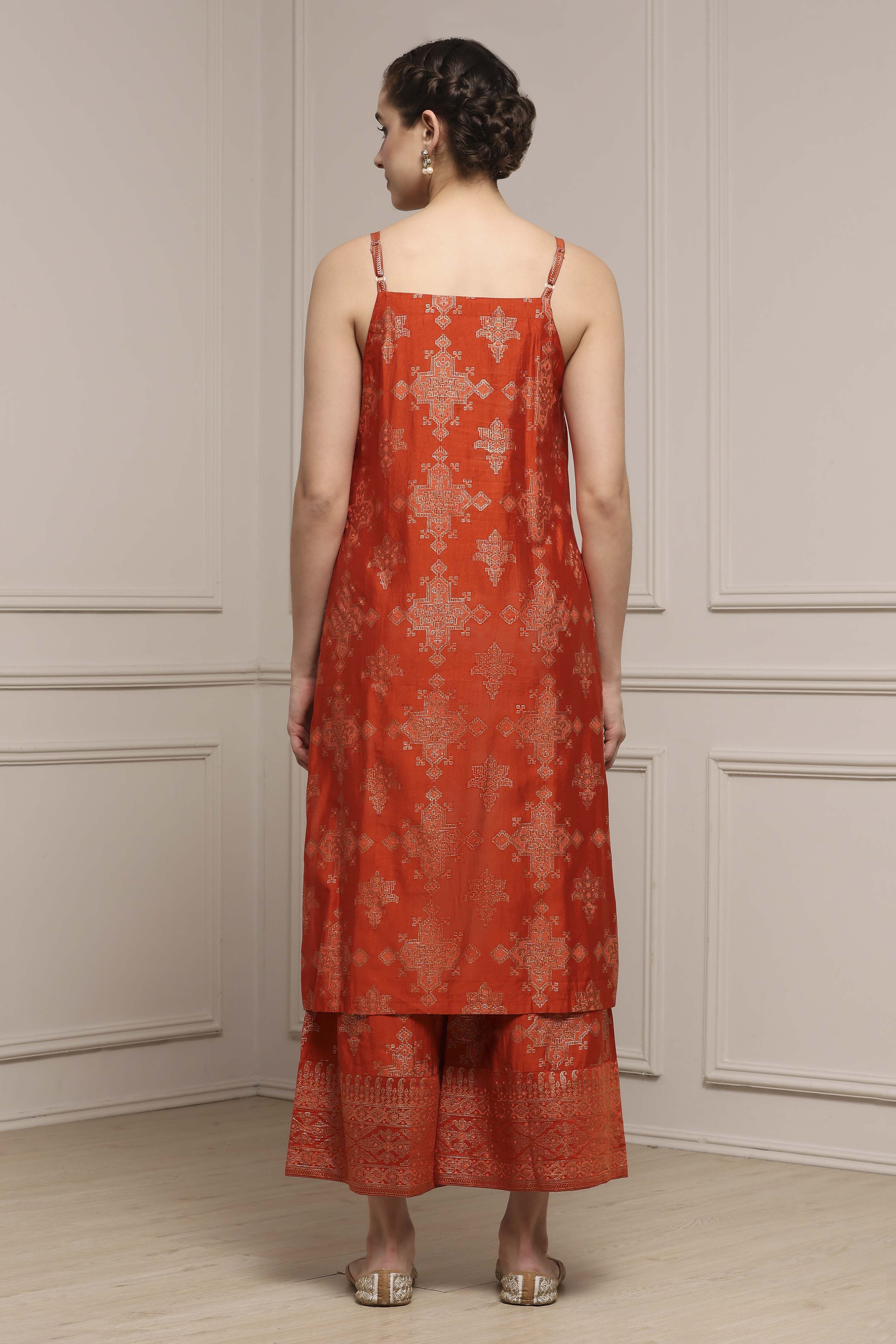 Orange Viscose Blend Straight Printed Suit Set image number 4