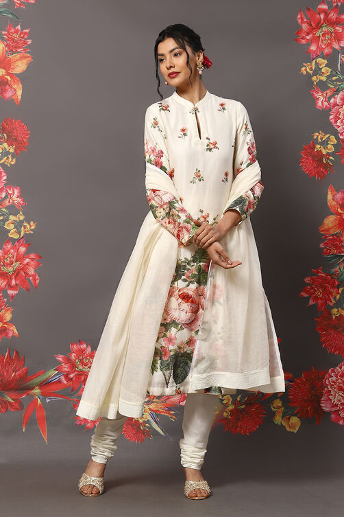 Rohit Bal Cream Cotton Blend Straight Kurta Suit Set image number 0