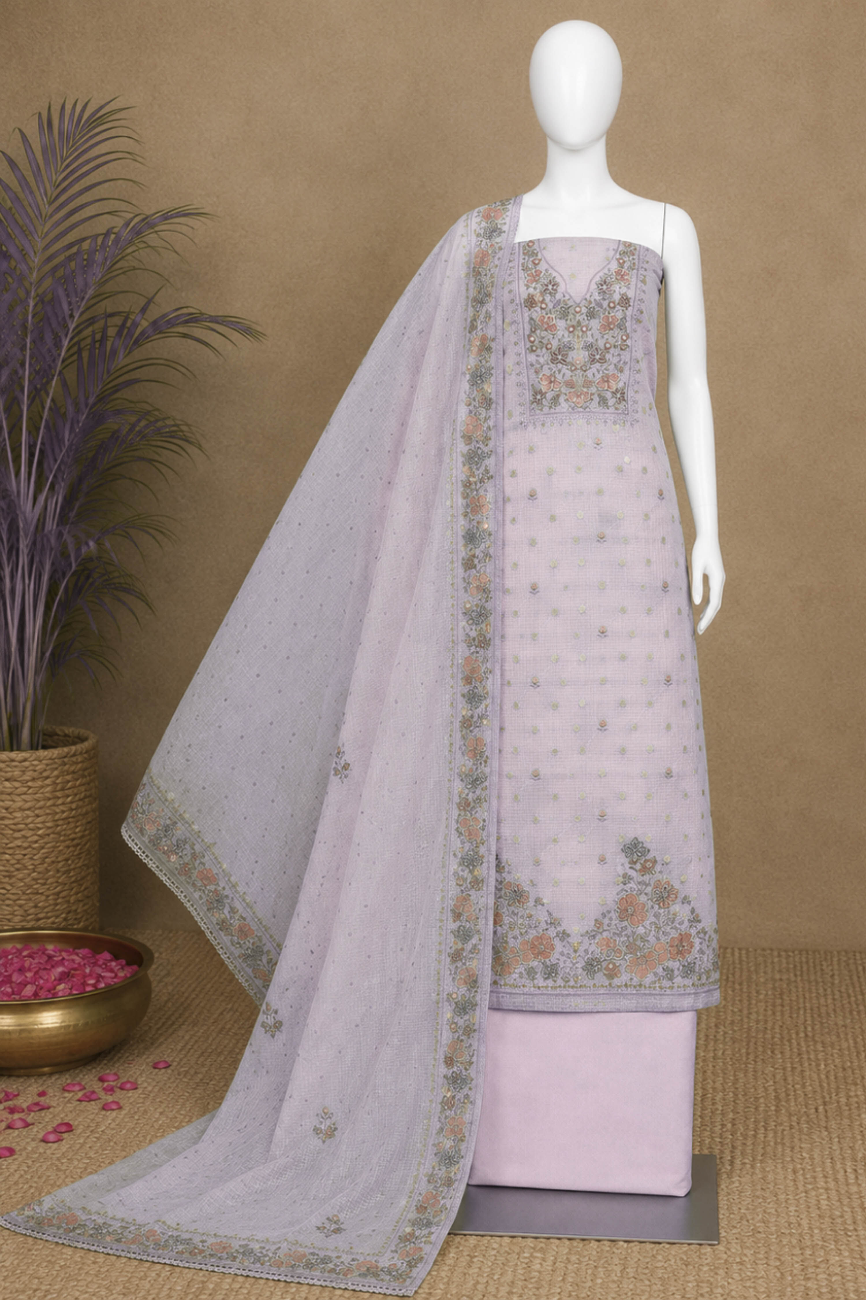 Purple Cotton Printed Unstitched Suit Set image number 5