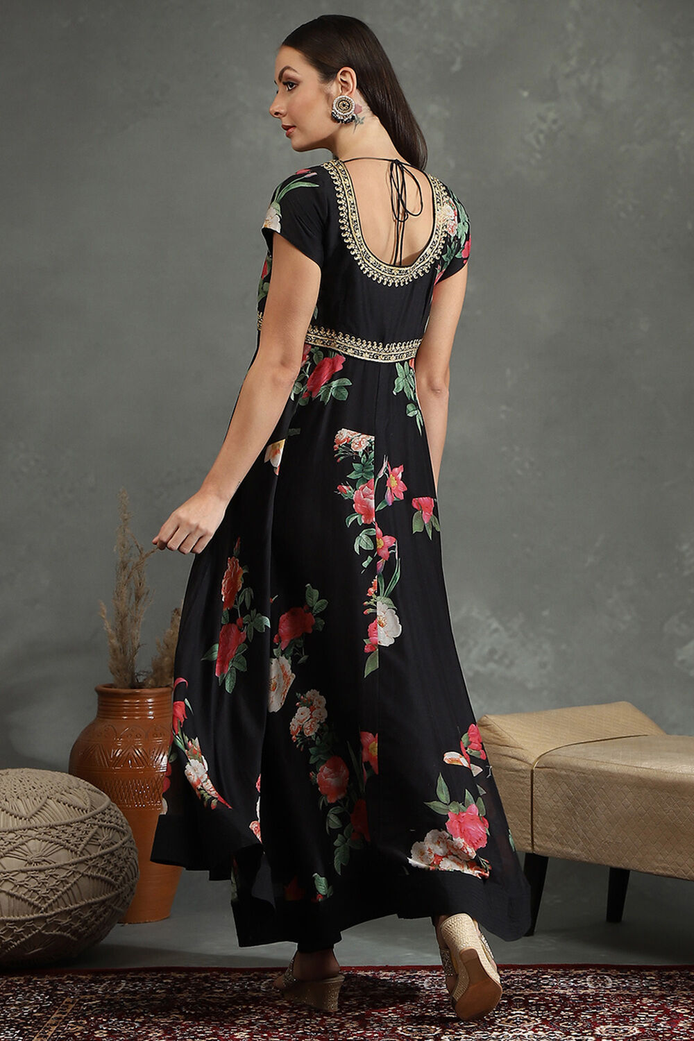 Black Silk Chanderi Floral Printed Anarkali Suit Set image number 4