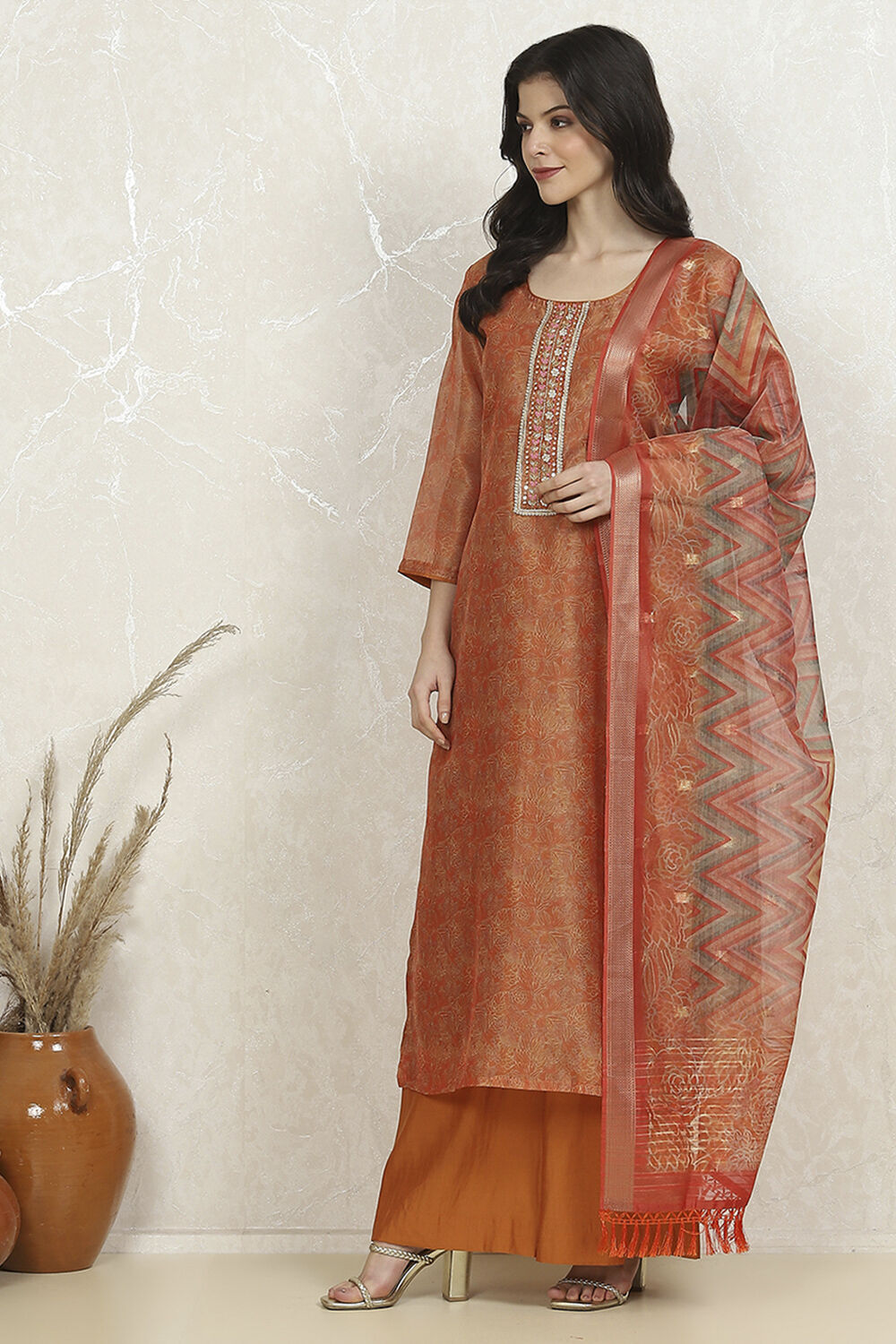 Orange Chanderi Unstitched Suit Set image number 4