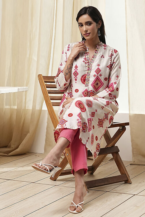 Ecru and Pink Printed Straight Kurta image number 0