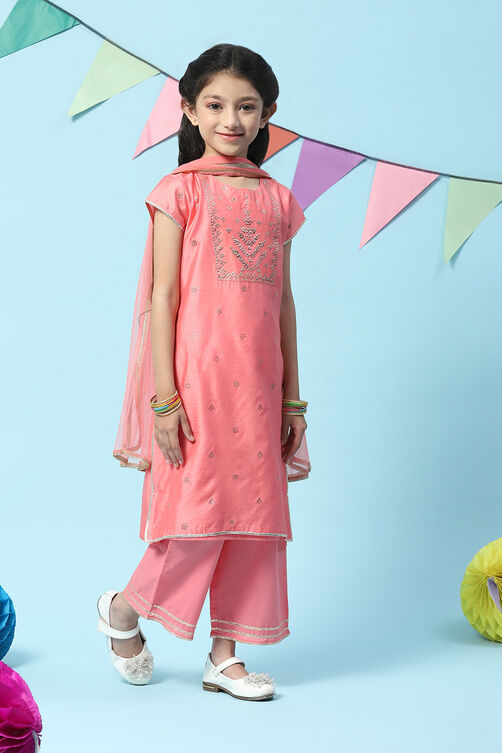 Pink Cotton Blend A-Line Kurta Straight Palazzo Suit Set image number 6