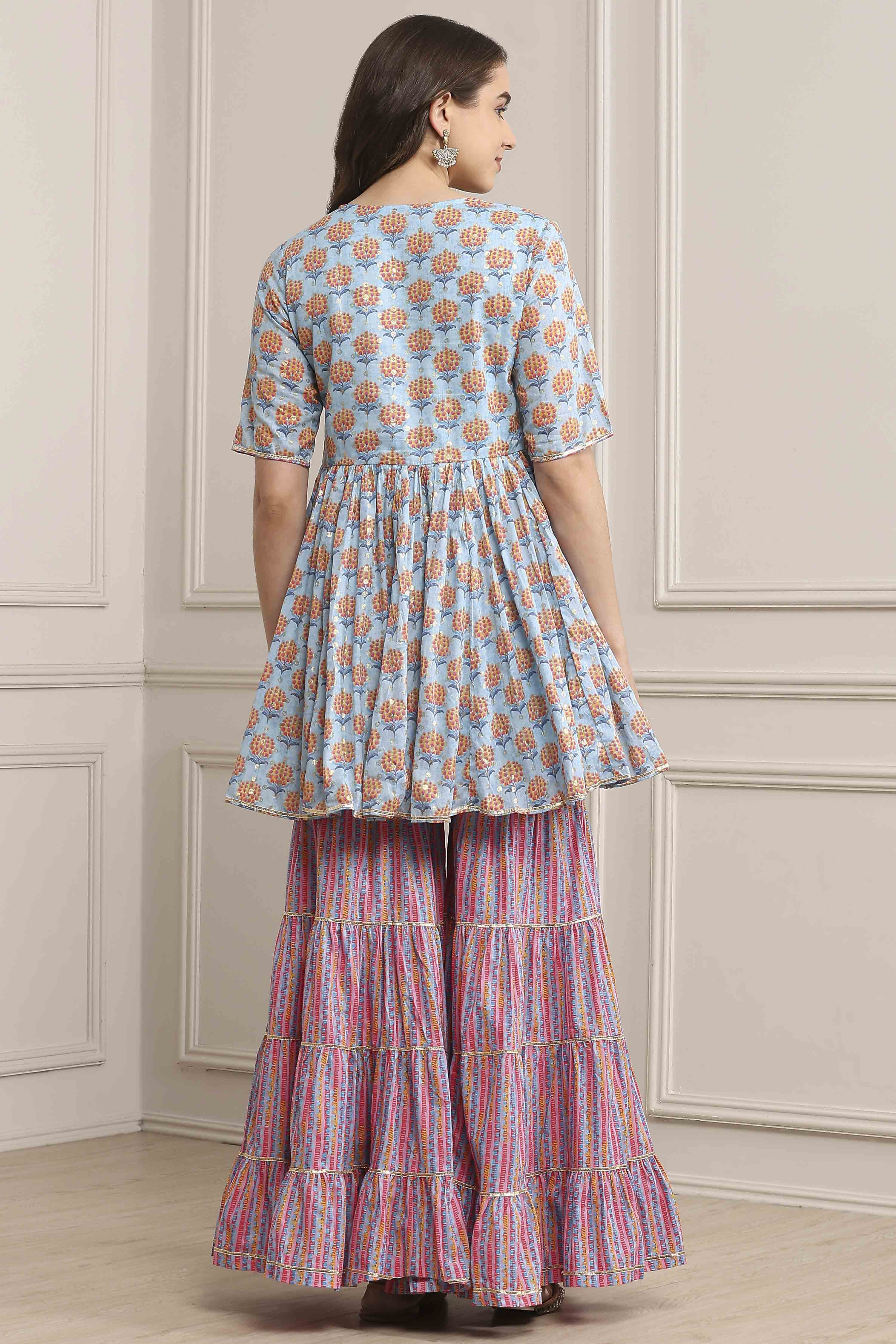 Light Blue Cotton Straight Kurta Garara Suit Set image number 4