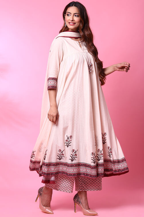Light Peach Cotton Anarkali Kurta Palazzo Suit Set image number 4