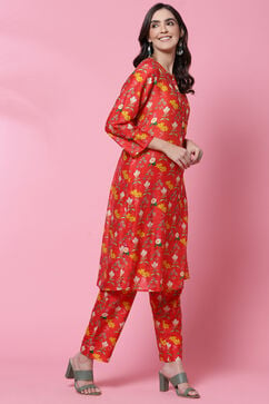 Red Cotton Straight Co-ord Set Kurta Relaxed Pant Suit Set image number 6