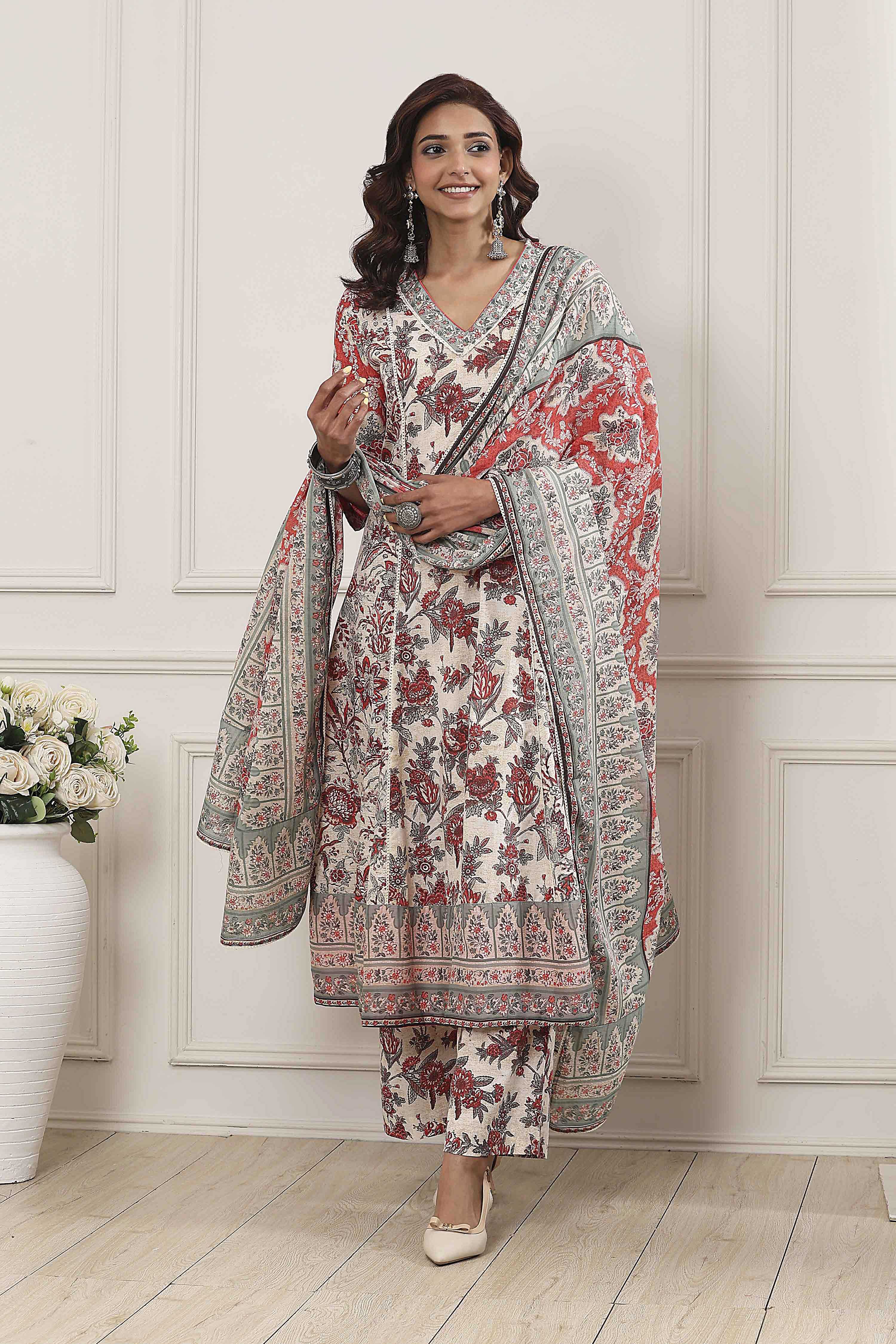 Grey-Red Cotton Anarkali Printed Suit Set image number 0