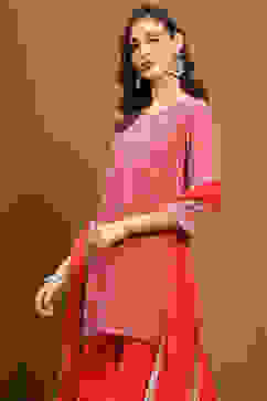 Coral Red Viscose Georgette Festive Straight Suit Set image number 7