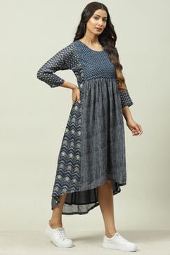 Indigo Art Silk Asymmetric Printed Kurta Dress image number 3
