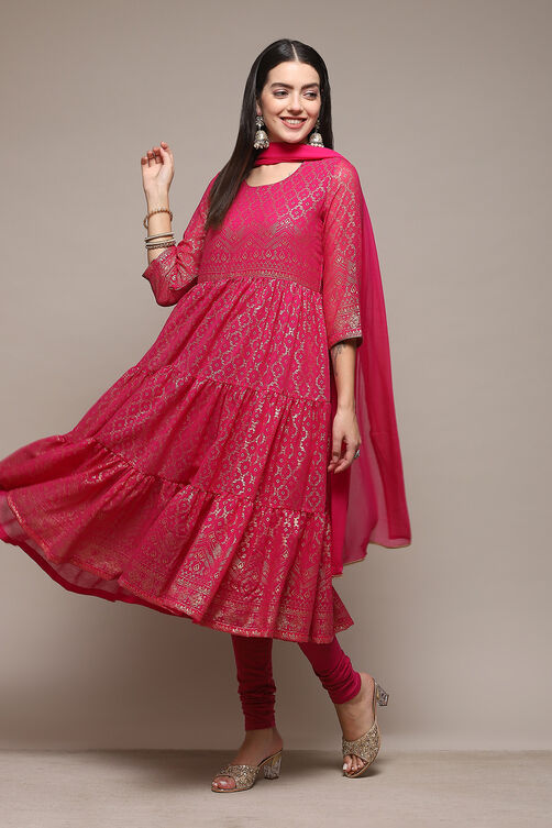 Fuchsia Polyester Anarkali Kurta Churidar Suit Set image number 4