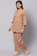 Dusky Peach Straight Cotton Three Piece Printed Sleepwear Set image number 5