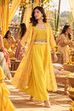  Yellow Crepe Draped Skirt Set with Printed Shrug image number 0