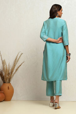 Powder Blue Solid Festive Straight Suit Set image number 4