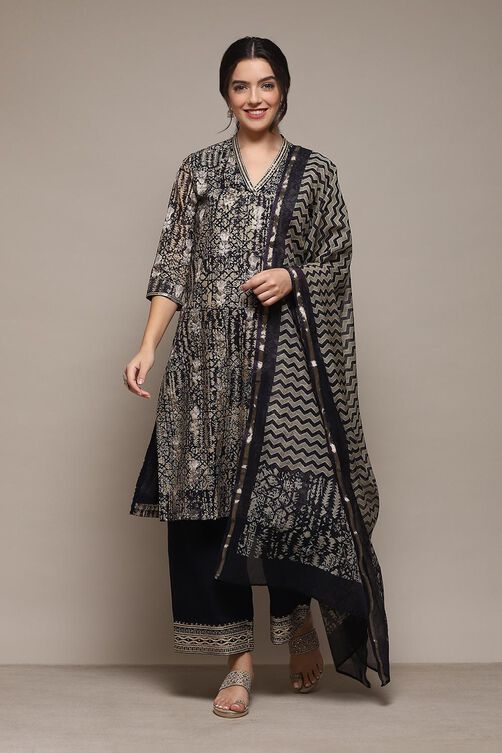 Beige Poly Chanderi Kalidar Printed Kurta Palazzo Suit Set image number 4