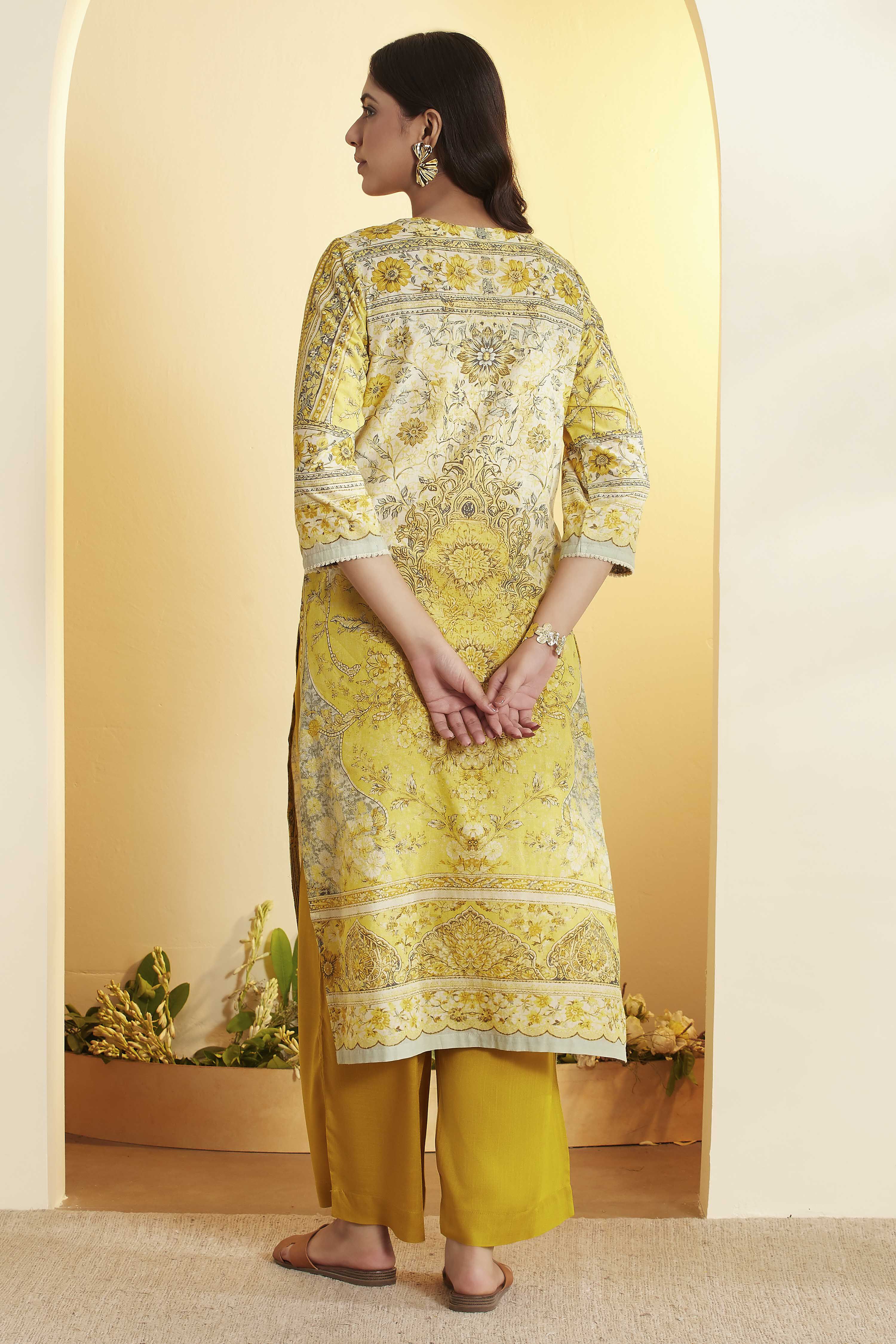 Lime Cotton Straight Kurta image number 4