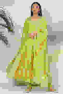 Lime Green Cotton Anarkali Kurta Churidar Suit Set image number 5