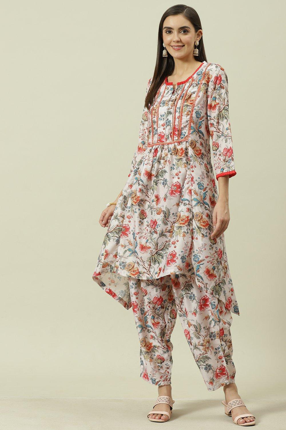 Multi-coloured Printed Asymmetric Kurta Relaxed Salwar Suit Set