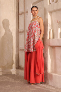 Coral Orange Poly Georgette Zari Embroidered Flared Suit Set image number 5