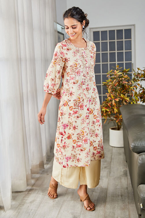 Beige & Pink Cotton Floral Printed Straight Kurta image number 4