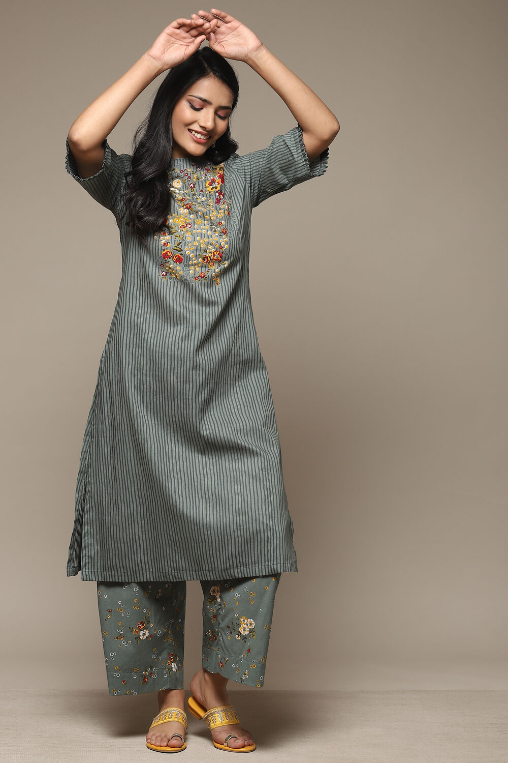 Yellow Cotton Straight Kurta Palazzo Suit Set image number 0