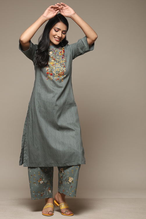 Yellow Cotton Straight Kurta Palazzo Suit Set image number 0