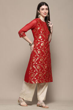 Red Polyester Straight Kurta image number 4