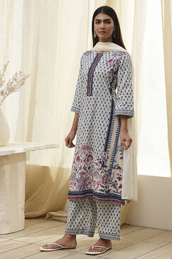 Off-White Cotton Printed Straight Suit Set image number 3