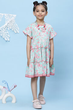 Turquoise Cotton Flared Printed Dress image number 0