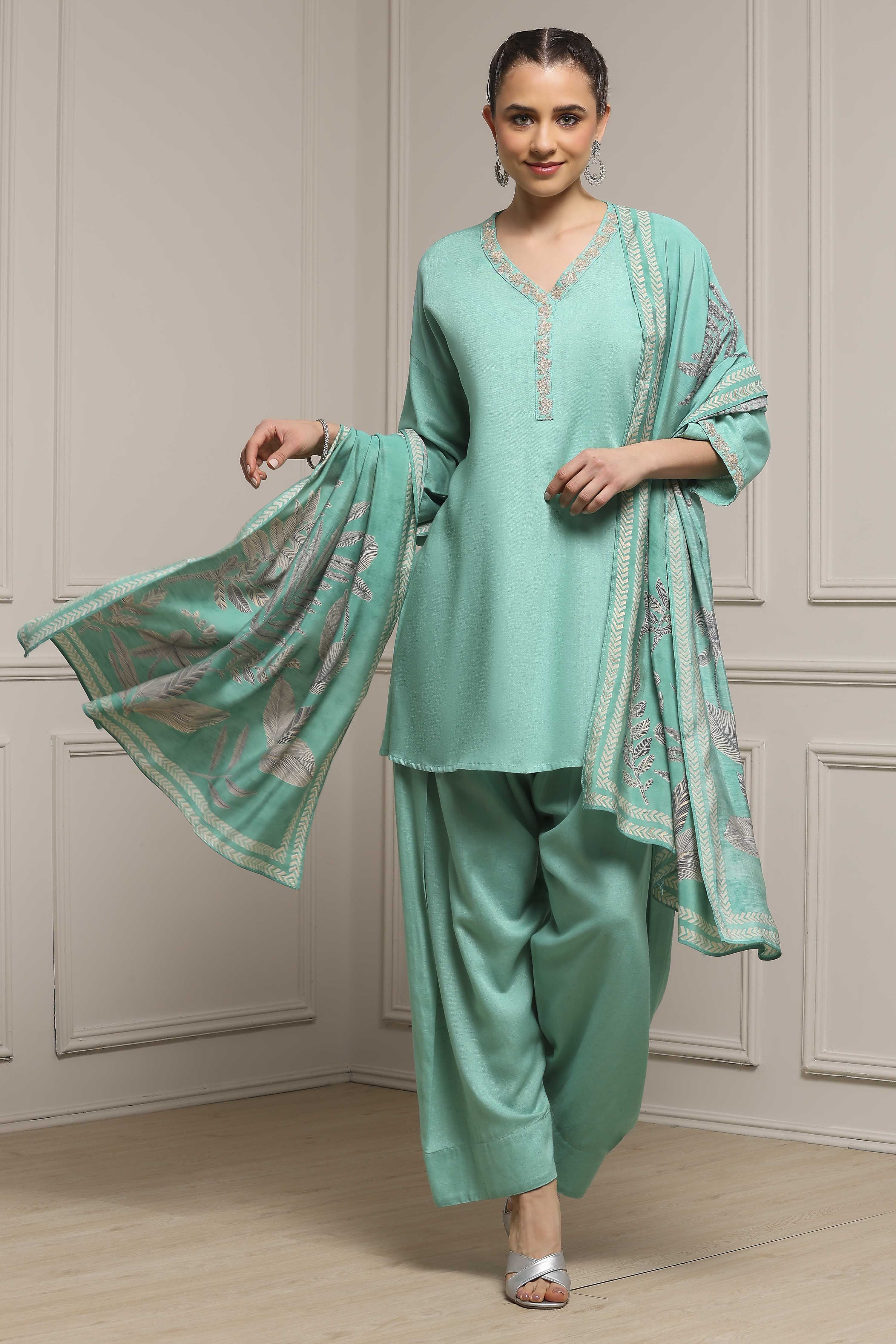 Sea Green Solid Straight Suit Set image number 0