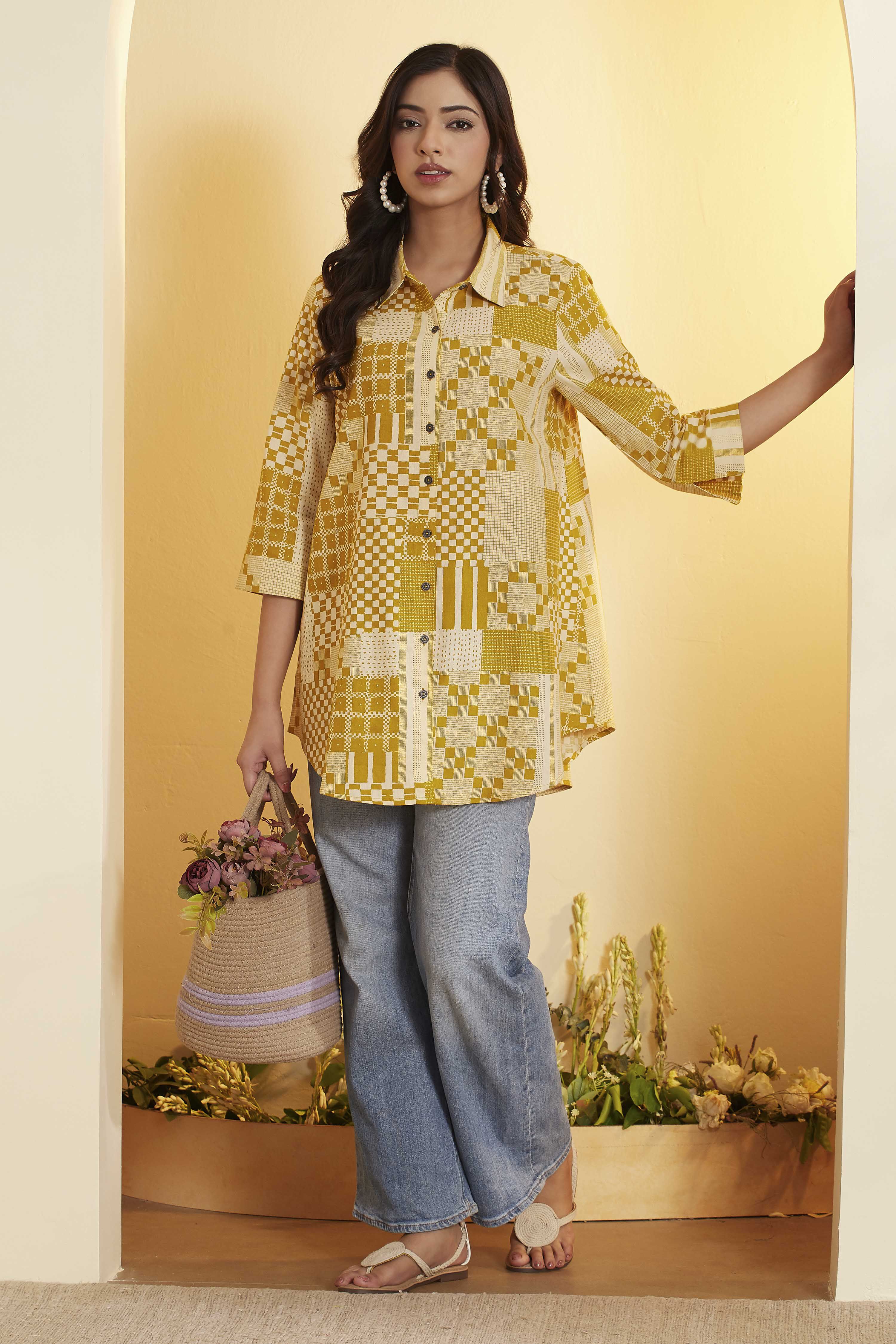 Navy Blue Cotton Checked A-Line Shirt Style Kurta image number 0