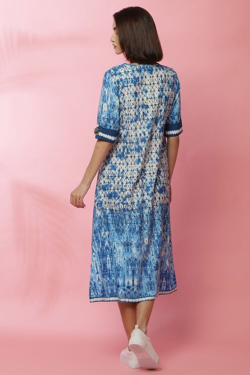 Blue A-Line Rayon Printed Dress image number 5