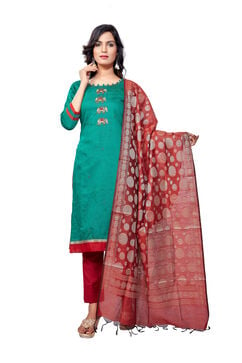 Green Chanderi Easy Stitch Suit Set image number 4