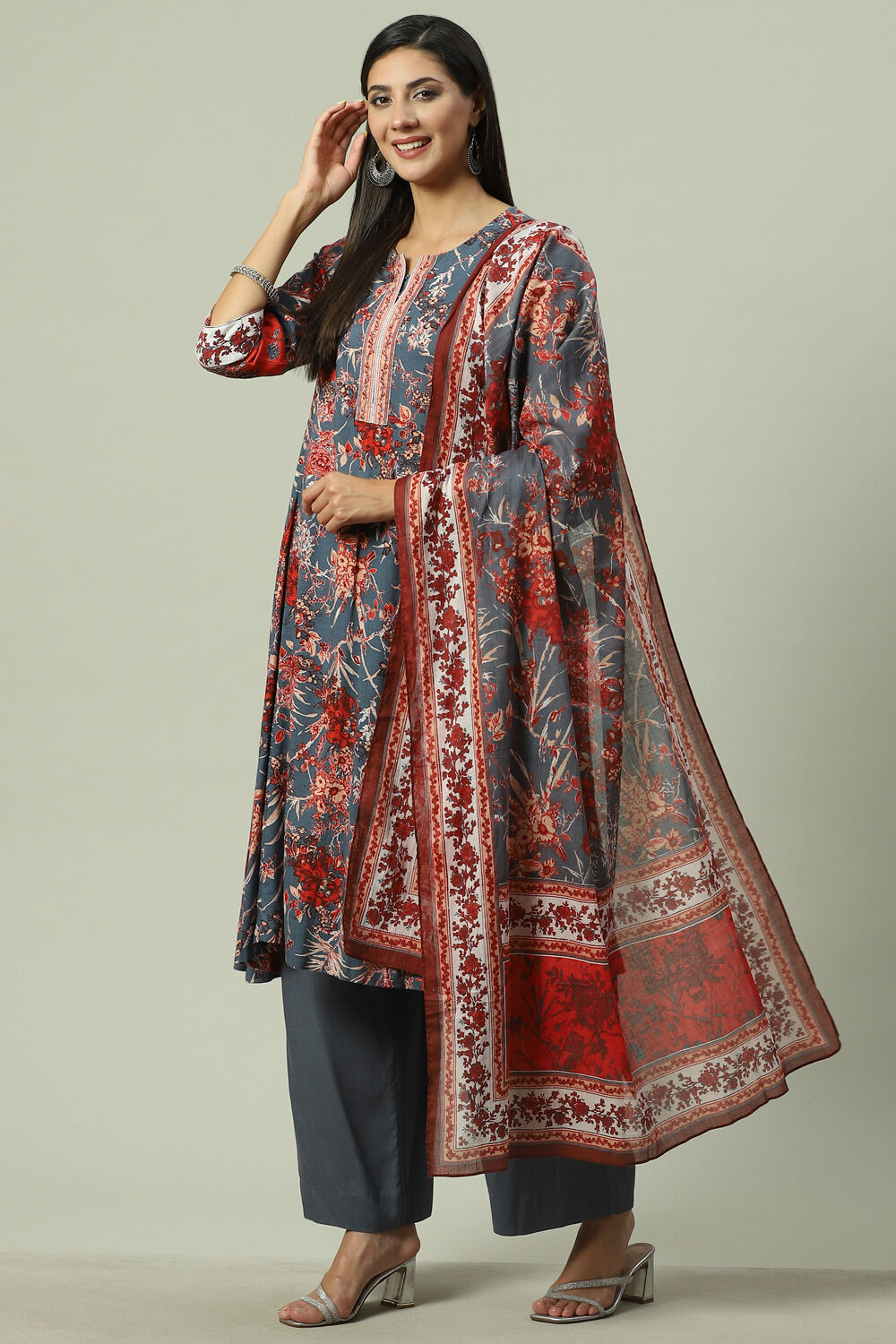 Grey LIVA A Line Kurta Palazzo Suit Set