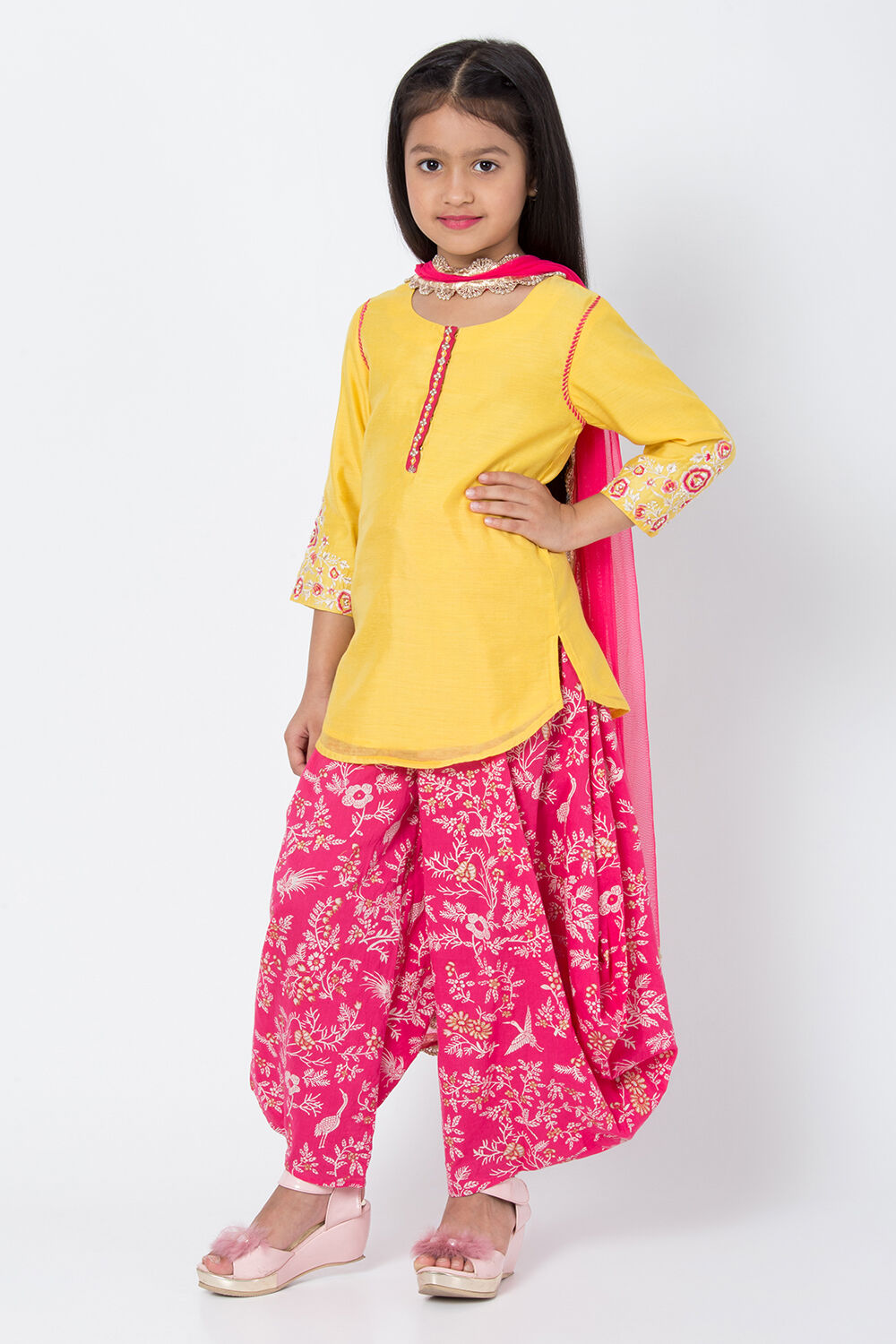 Yellow Pink Art Silk Straight Kurta Dhoti Pant Suit Set at Biba India