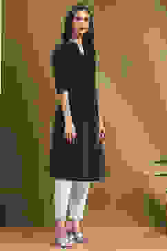 Navy Blue Cotton Solid Pleated A-Line Kurta image number 4