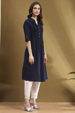 Navy Blue Cotton Solid Pleated A-Line Kurta image number 4