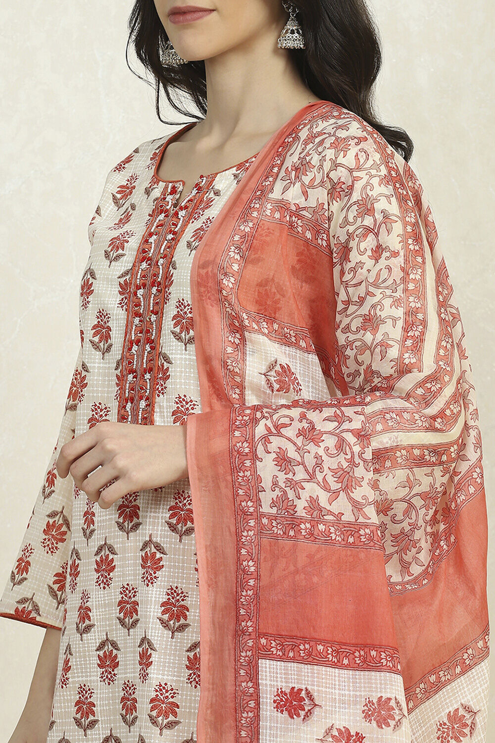 Orange Cotton Printed Embroidered Unstitched Suit Set image number 2