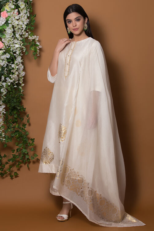 Ivory Cotton Silk A Line Suit Set By Anju Modi image number 3